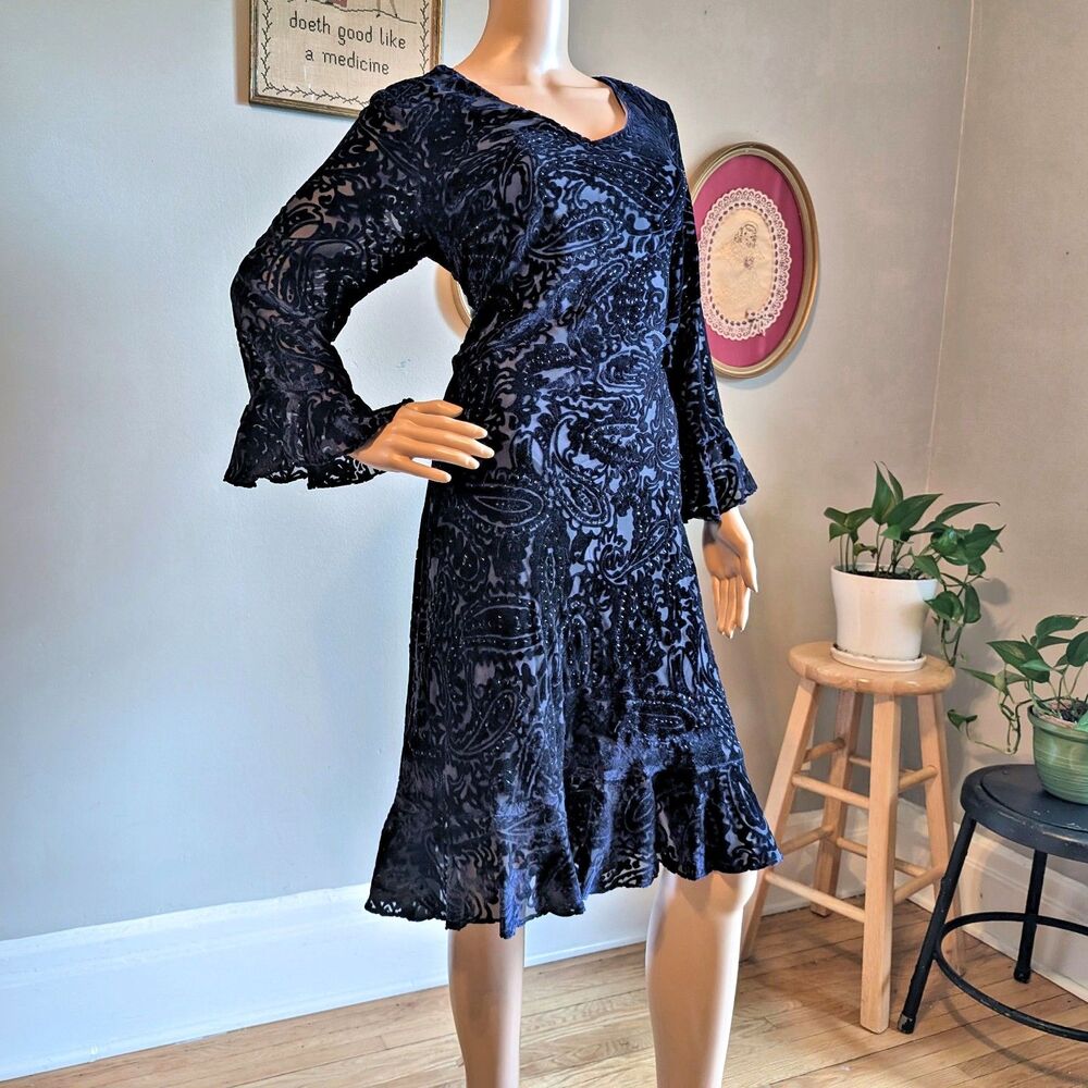 Vintage Y2K Eva Blue Velvet Midi Dress Floral Whimsygoth Fairycore Size 10